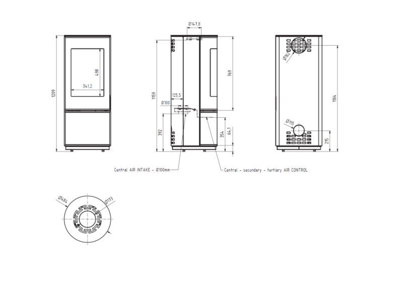 Poêle  Carina – verre Puissance 6.1 KW - Dimension
